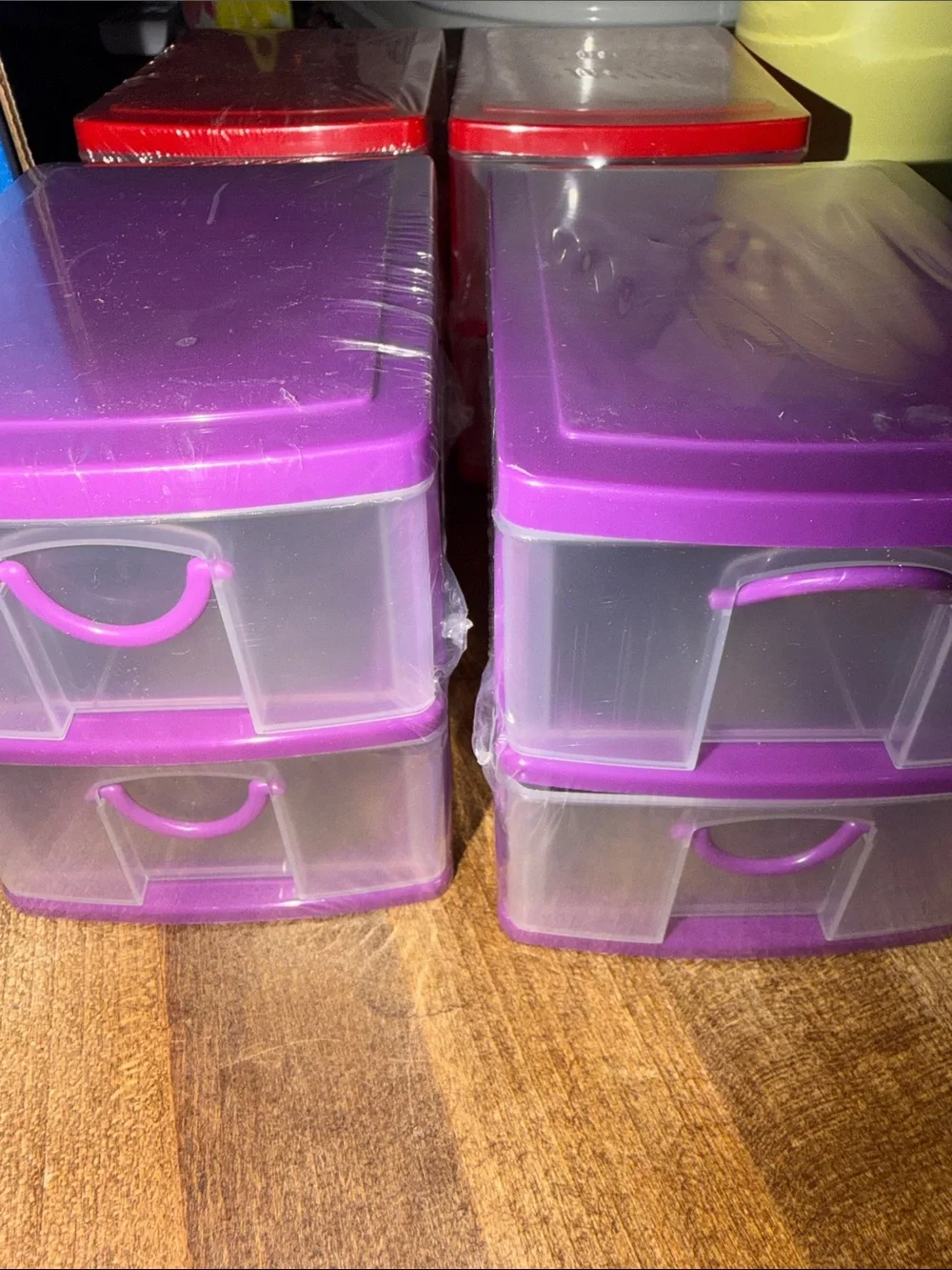 (4) Two-Drawer Plastic Storage Organizer - Purple and Red mini organizers